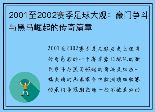 2001至2002赛季足球大观：豪门争斗与黑马崛起的传奇篇章