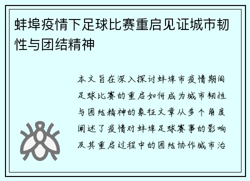 蚌埠疫情下足球比赛重启见证城市韧性与团结精神