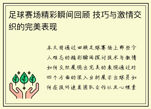足球赛场精彩瞬间回顾 技巧与激情交织的完美表现
