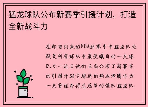 猛龙球队公布新赛季引援计划，打造全新战斗力