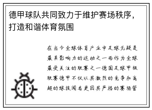 德甲球队共同致力于维护赛场秩序，打造和谐体育氛围