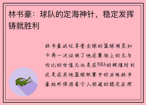 林书豪：球队的定海神针，稳定发挥铸就胜利