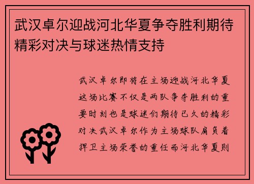 武汉卓尔迎战河北华夏争夺胜利期待精彩对决与球迷热情支持