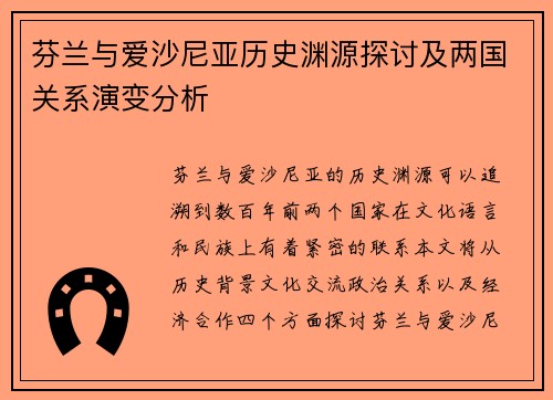 芬兰与爱沙尼亚历史渊源探讨及两国关系演变分析