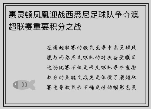 惠灵顿凤凰迎战西悉尼足球队争夺澳超联赛重要积分之战