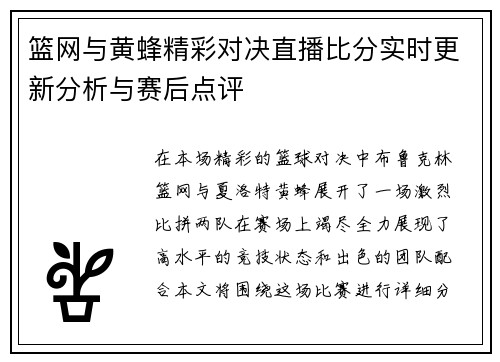 篮网与黄蜂精彩对决直播比分实时更新分析与赛后点评