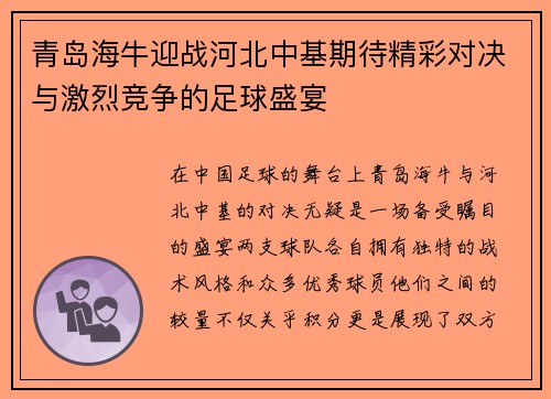 青岛海牛迎战河北中基期待精彩对决与激烈竞争的足球盛宴