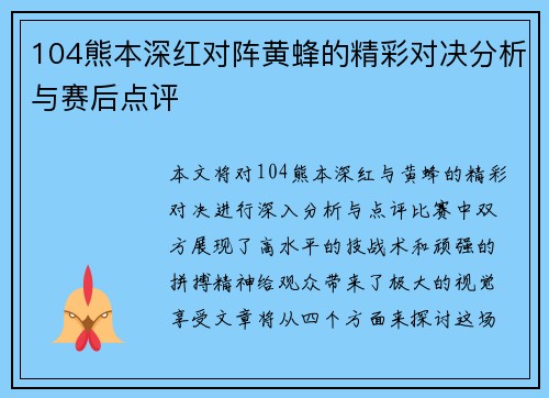 104熊本深红对阵黄蜂的精彩对决分析与赛后点评