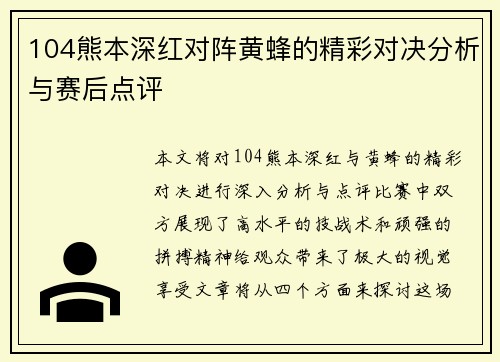 104熊本深红对阵黄蜂的精彩对决分析与赛后点评